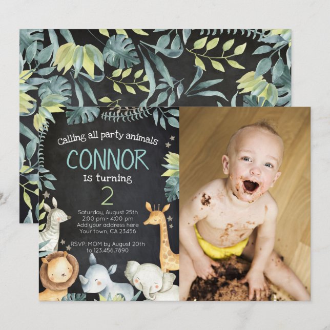 Safari Jungle Geburtstag Einladung mit Foto (Vorne/Hinten)