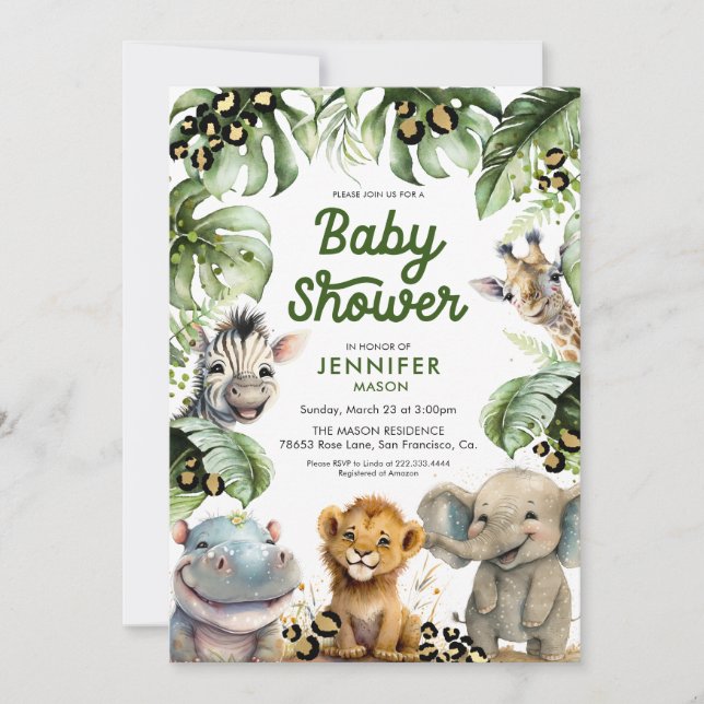 Safari Jungle Gender Neutral Baby Dusche Einladung (Vorderseite)