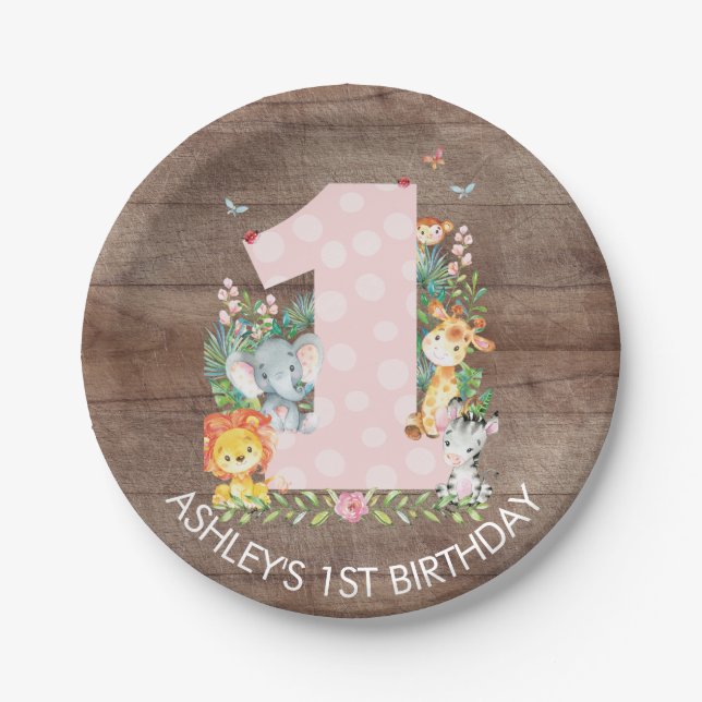 Safari Jungle Girls 1. Geburtstag 7" Plate Pappteller (Vorderseite)