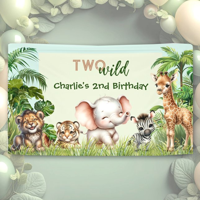 Safari Jungle Niedlicher Tiere Zwei Wilde 2. Gebur Banner (Safari Jungle Cute Animals Two Wild 2nd Birthday Banner)