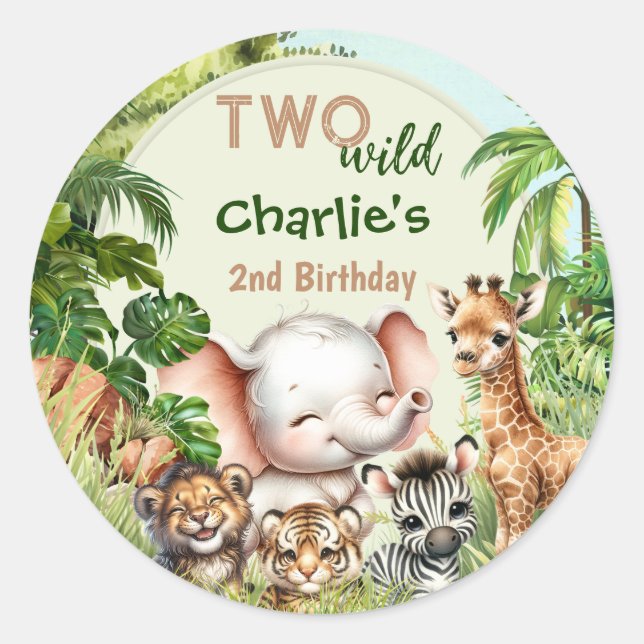 Safari Jungle Niedlicher Tiere Zwei Wilde 2. Gebur Runder Aufkleber (Vorderseite)