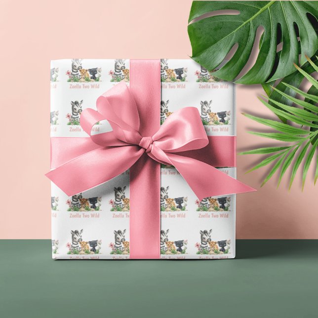 Safari Jungle Two Wild Geburtstag Geschenkpapier (Safari Jungle Two Wild Animals Zebra Tiger Panther Pink Birthday Wrapping Paper)