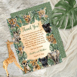 Safari Jungle Wild Animals Baby Dusche Dankeskarte<br><div class="desc">Geschlechtsneutral "Danke!" Safari Dschungel wilde Tiere Babys Baby Dusche Design mit tropischem Grün. Das hintere Design weist ein unregelmäßiges weißes Muster gegenüber dem Salbei-Grün auf. Composite Design von Holiday Hearts Designs.</div>