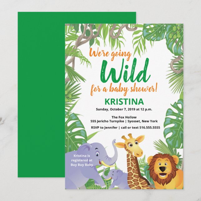 Safari Jungle Wild Animals Greenery Baby Shower Einladung (Vorne/Hinten)