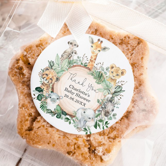Safari Jungle Wild Animals Greenery Baby Shower Runder Aufkleber (Von Creator hochgeladen)