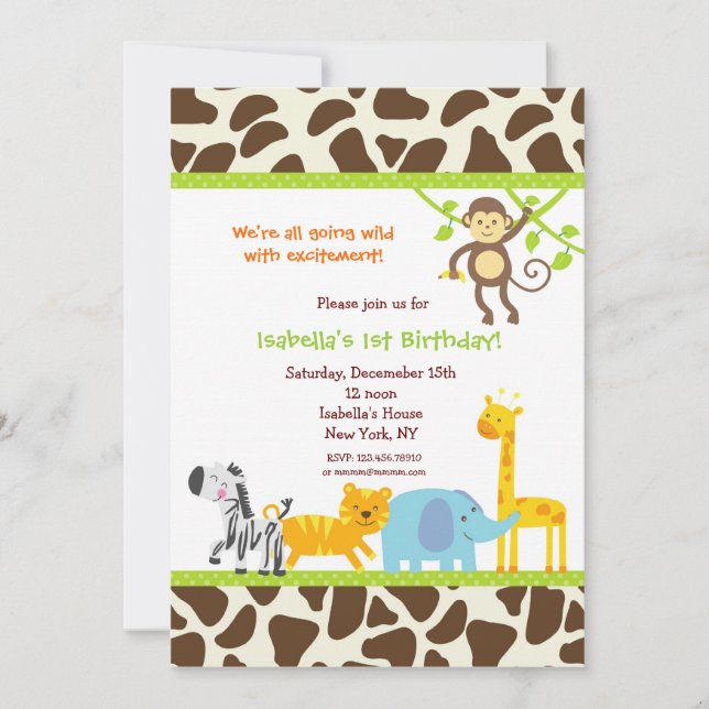 Safari Jungle Zoo Einladungen zum Geburtstag (Vorderseite)