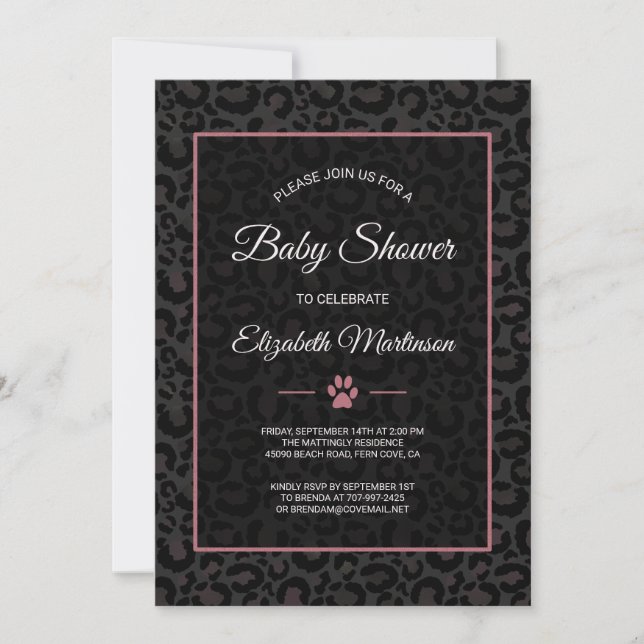 Safari Leopard Black Pink Rose Gold Baby Dusche Einladung (Vorderseite)