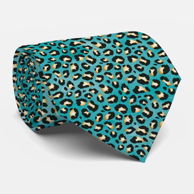 Safari Leopard Print Aquamarin Rosettes Krawatte (Gerollt)