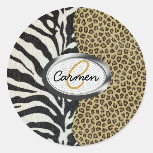 Safari Leopard und Zebra Print Monogram Runder Aufkleber (Vorderseite)