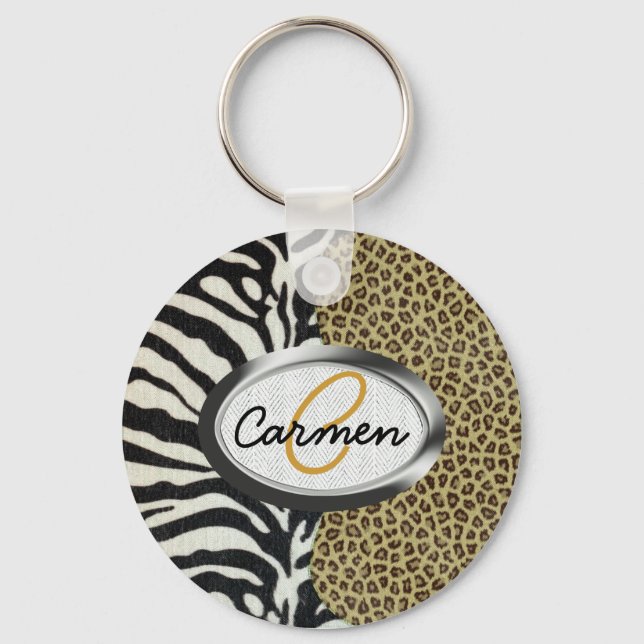 Safari Leopard und Zebra Print Monogram Schlüsselanhänger (Vorderseite)