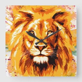 Safari Lion Wall Clock | Farbige Löwenuhr Quadratische Wanduhr