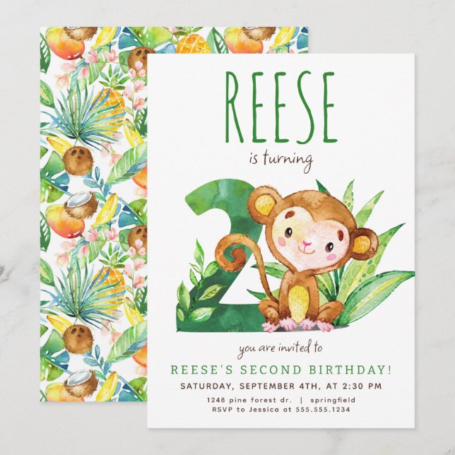 Safari Monkey Invitation de deuxième anniversaire (Devant / Derrière)