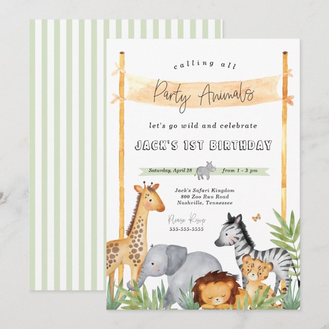Safari Party Animaux Anniversaire Fête Invitation (Devant / Derrière)