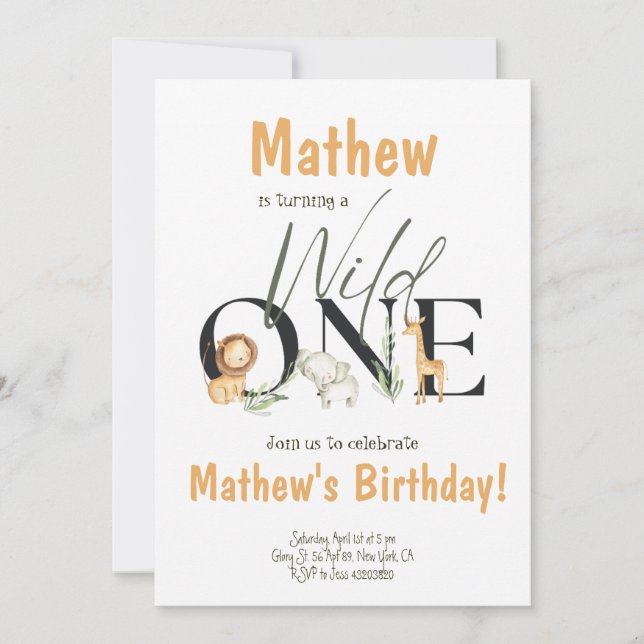Safari Party Tiere Wild Ein Geburtstag Einladung (Vorderseite)