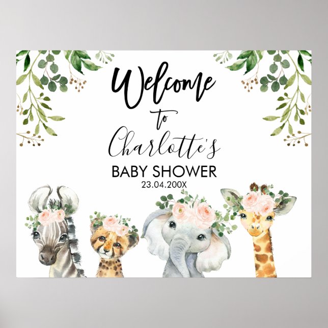 Safari Pink Blumenblätterung Kinderdusche Willkomm Poster (Vorne)