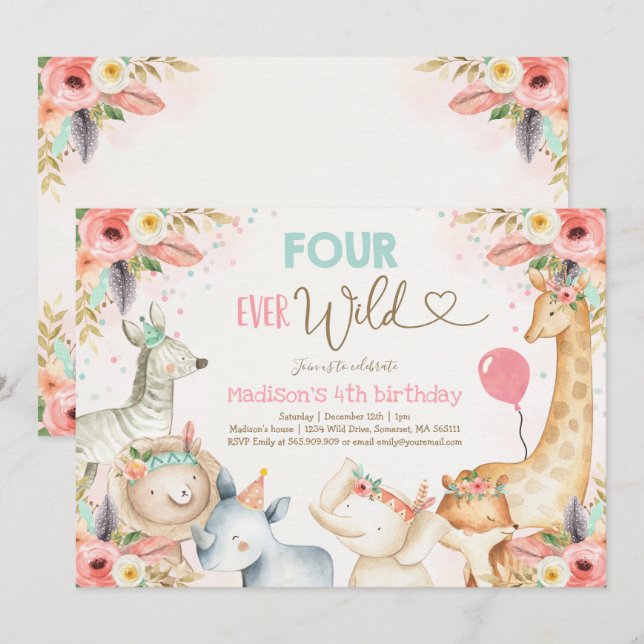 Safari Quatre jamais Wild Anniversaire Invitation  (Devant / Derrière)