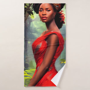 Safari Queen: Majestic African Women Red Feathers Badehandtuch