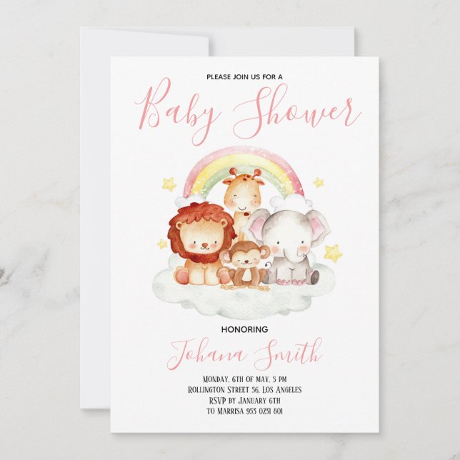 Safari Rainbow Niedlich Baby Shower Einladung (Vorderseite)