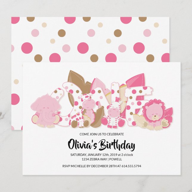Safari rose Animaux 1er anniversaire Invitation (Devant / Derrière)