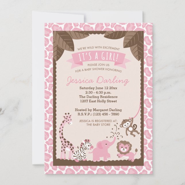 Safari rose Animaux Fille Bébé Douche Invitations (Devant)