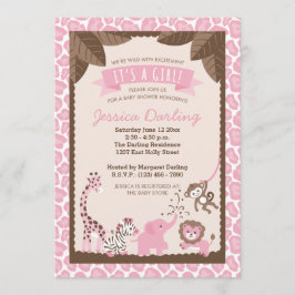 Safari rose Animaux Fille Bébé Douche Invitations