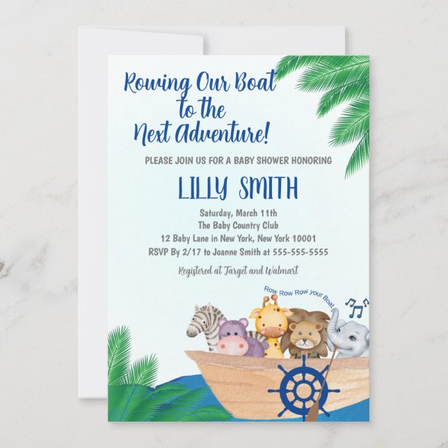 Safari Row Your Boat Baby Shower Einladung (Vorderseite)