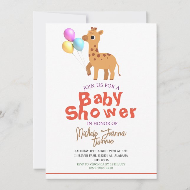 Safari Simple Niedlicher Tiere giraffe Baby Shower Einladung (Vorderseite)