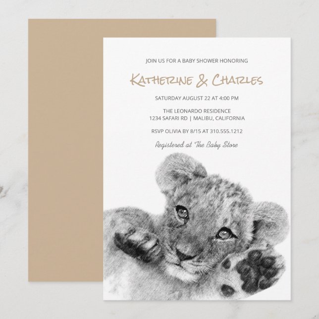 Safari Sketch | Niedliche Lion Cub Babydusche Einladung (Vorne/Hinten)