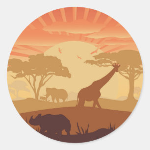 Safari-Sonnenuntergang-Wildtier-Silhouette Boho Na Runder Aufkleber