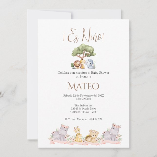 Safari Spanish Baby Shower Boy invitation (Devant)