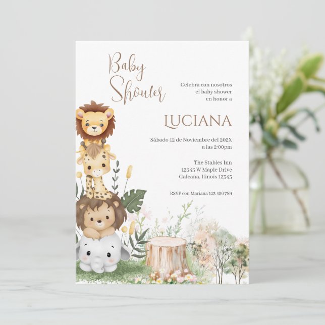 Safari Spanish Baby Shower Girl Einladung (Stehend Vorderseite)