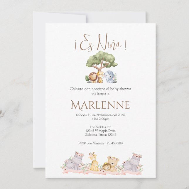 Safari Spanish Baby Shower Girl invitation Einladung (Vorderseite)