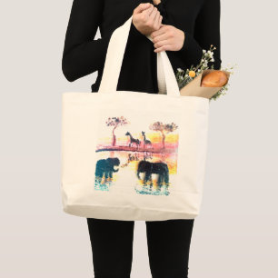 Safari Sunset Painting Elephant, Giraffe Jumbo Stoffbeutel