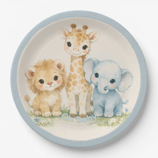 Safari Süße Tier Beige Blau Babyparty Pappteller