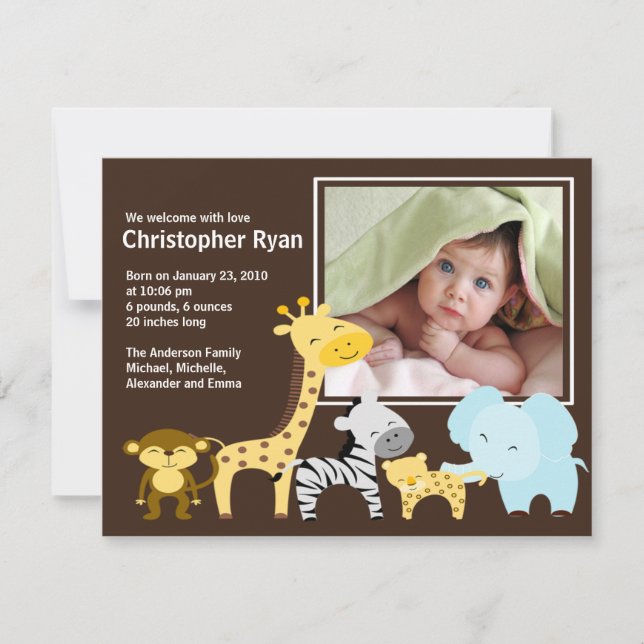 Safari-Tierbaby-Geburts-Foto-Mitteilung Einladung (Vorderseite)