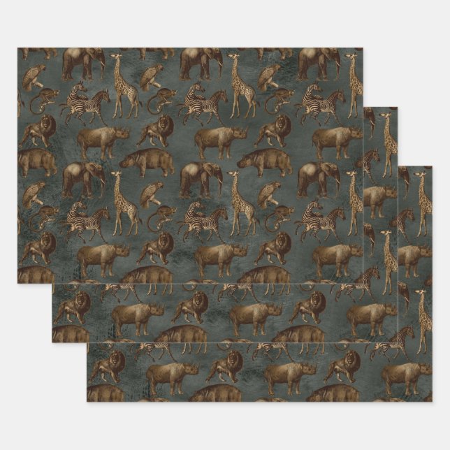 Safari-Tiere auf dunkelgrünen Flächen Geschenkpapier Set (Set)