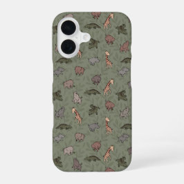 Safari-Tiere (Elefant, Giraffe, Krokodil & Nashorn iPhone 16 Hülle