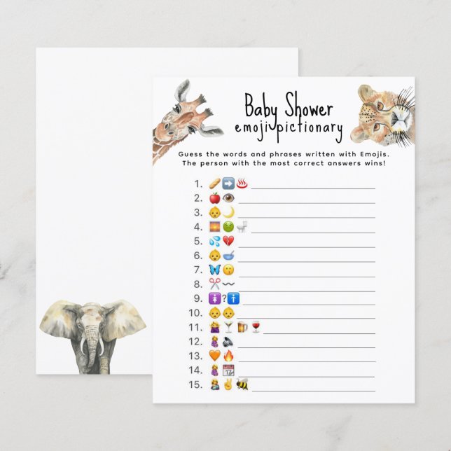Safari-Tiere - Emoji-Kinderspiel-Babydusche (Vorne/Hinten)
