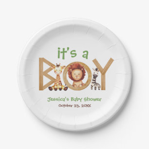 Safari-Tiere Es ist ein Junge Holz Baby-Party Pappteller