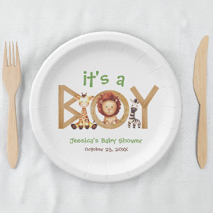 Safari-Tiere Es ist ein Junge Holz Baby-Party Pappteller