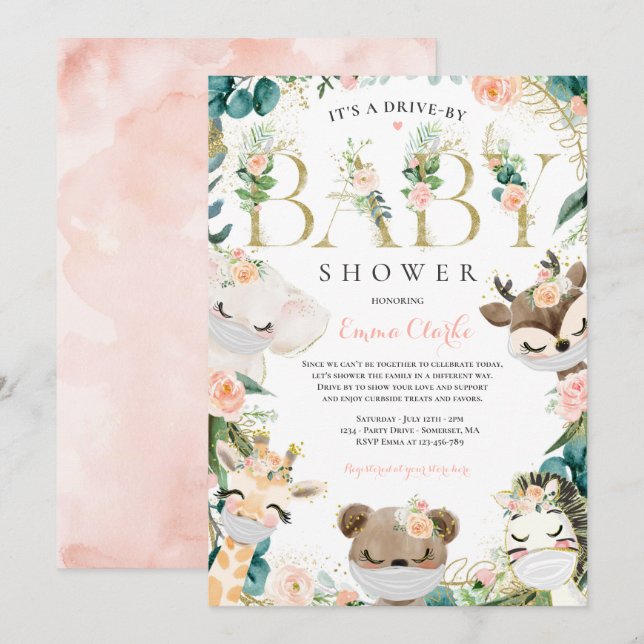 Safari-Tiere fahren mit Baby-Dusche Grün pink Einladung (Vorne/Hinten)