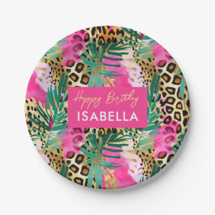 Safari-Tiere Felldruck Muster Grün Pink Gold Pappteller