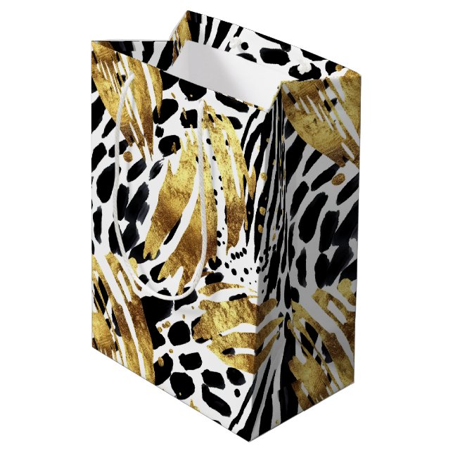Safari Tiere Fur Druckmuster Muster Gold und Schwa Mittlere Geschenktüte (Rückseite Schrägansicht)