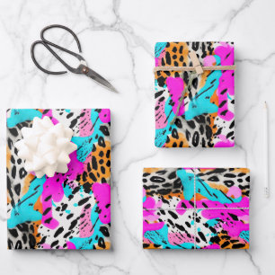 Safari Tiere Fur Druckmuster Muster Neon farbenfro Geschenkpapier Set