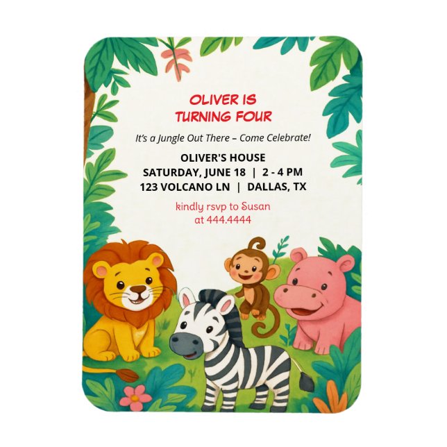 Safari Tiere Geburtstag Einladung Boys flexibel Magnet (Vertikal)