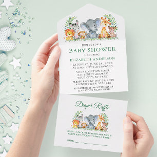 Safari-Tiere Grüne Babyparty und Tombola All In One Einladung