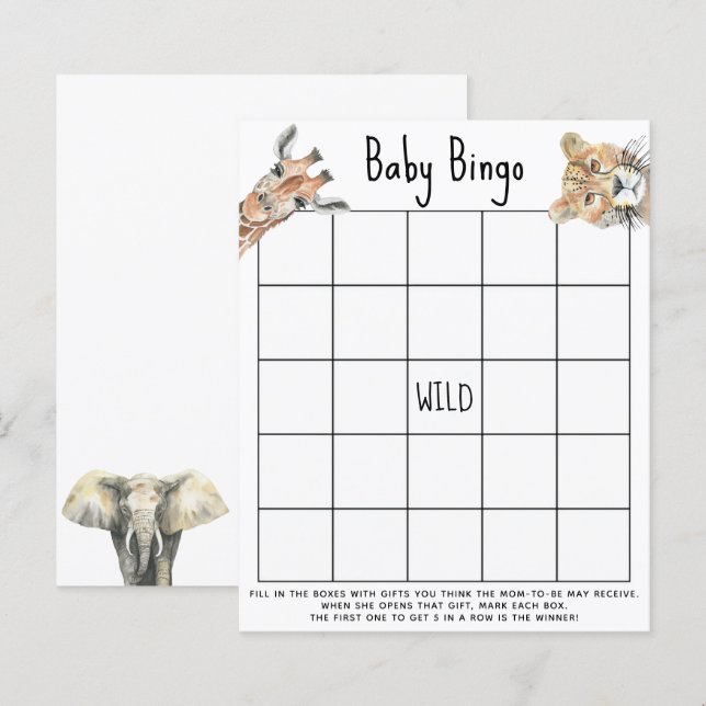 SAFARI-Tiere in Aquarellfarbe - Baby Dusche Bingam (Vorne/Hinten)