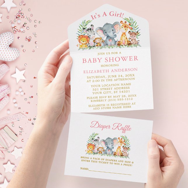 Safari Tiere Pink Baby Dusche und Raffle Gold All In One Einladung (All In One Baby Shower Invitation with Diaper Raffle tear off card.)