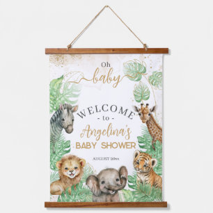 Safari-Tiere Tropische Vegetation Kinderdusche Wandteppich Mit Holzrahmen