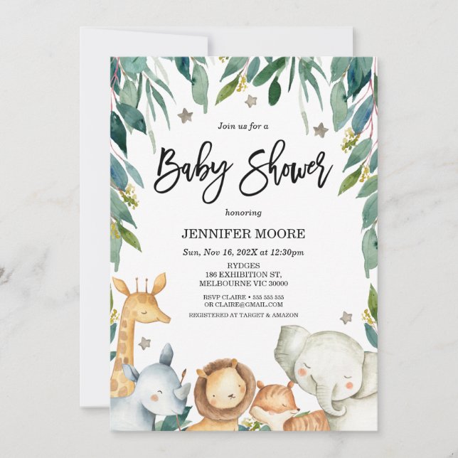 Safari-Tiere und Foliage-Baby-Dusche Einladung (Vorderseite)